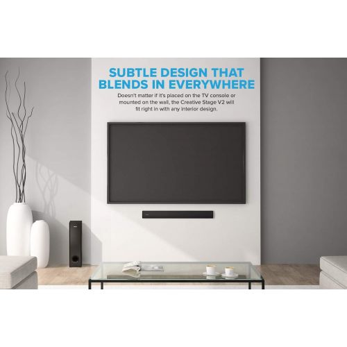  Creative Stage V2 2.1 Soundbar with Subwoofer, Clear Dialog and Surround of Sound Blaster, Bluetooth 5.0, TV ARC, Optical and USB Audio, Wall Mounting, Bass and Treble Adjustment,
