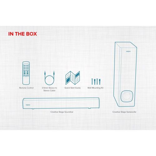  Creative Stage 2.1 Channel Soundbar with Subwoofer for TV, Computer and Ultra Wide Screens, Bluetooth/Optical Input/TV ARC/AUX Input, Remote Control and Wall Mounting Kit