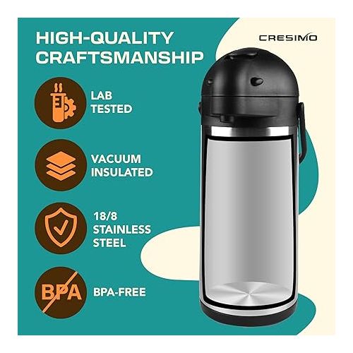  Coffee Carafe with Pump - 102oz / 3L Airpot 12 Hours Large Carafe Hot Cocoa Dispenser for Parties-Hot Water Dispenser, Tea Flask-Insulated Stainless Steel Hot Beverage Dispenser-Thermal Carafe Air Pot