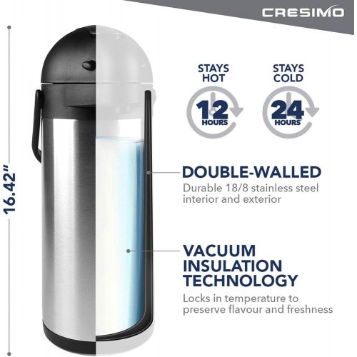  CRESIMO 101 Oz Thermal Coffee Dispenser - Insulated Coffee Airpot with Coffee Air Pump - 12 Hour Heat Retention/24 Hour Cold Retention- Stainless Steel Coffee Carafe for Hot / Cold