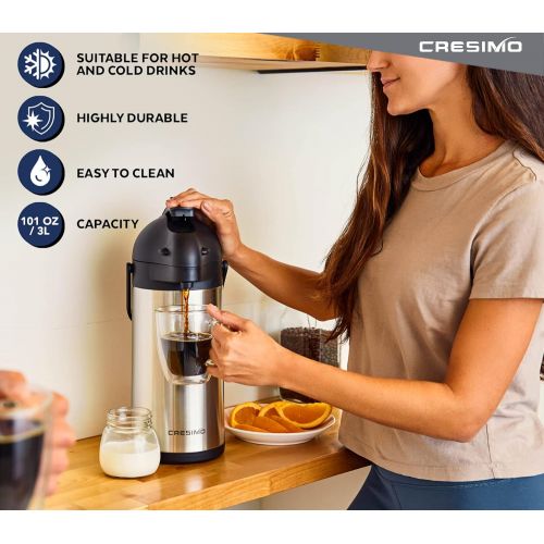  CRESIMO 101 Oz Thermal Coffee Dispenser - Insulated Coffee Airpot with Coffee Air Pump - 12 Hour Heat Retention/24 Hour Cold Retention- Stainless Steel Coffee Carafe for Hot / Cold