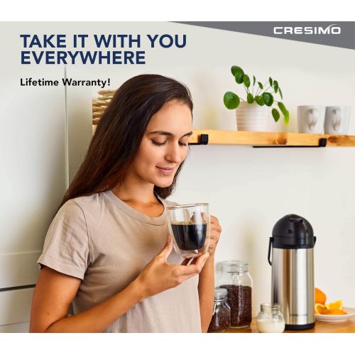  CRESIMO 101 Oz Thermal Coffee Dispenser - Insulated Coffee Airpot with Coffee Air Pump - 12 Hour Heat Retention/24 Hour Cold Retention- Stainless Steel Coffee Carafe for Hot / Cold