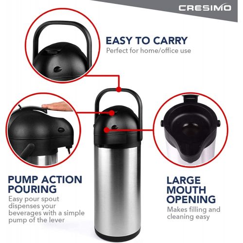  CRESIMO 101 Oz Thermal Coffee Dispenser - Insulated Coffee Airpot with Coffee Air Pump - 12 Hour Heat Retention/24 Hour Cold Retention- Stainless Steel Coffee Carafe for Hot / Cold