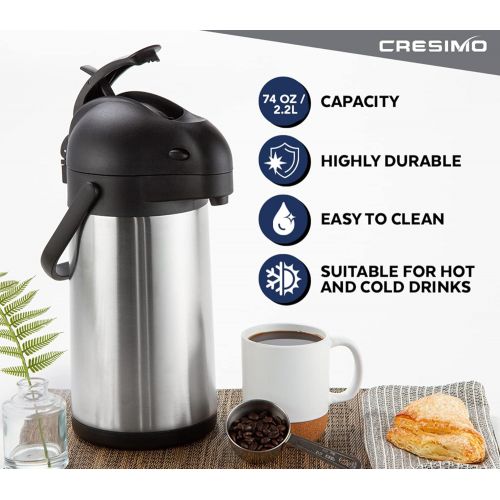  [아마존베스트]Cresimo 2.2 Liter Airpot Thermal Coffee Carafe with Pump/Lever Action/Stainless Steel Insulated Thermos / 24 Hour Heat Retention / 24 Hour Cold Retention / 74 Ounce Pump Coffee Pot