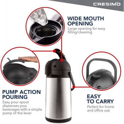  [아마존베스트]Cresimo 2.2 Liter Airpot Thermal Coffee Carafe with Pump/Lever Action/Stainless Steel Insulated Thermos / 24 Hour Heat Retention / 24 Hour Cold Retention / 74 Ounce Pump Coffee Pot