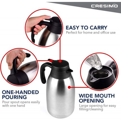  [아마존베스트]Cresimo 68 Oz Stainless Steel Thermal Coffee Carafe / Double Walled Vacuum Flask / 12 Hour Heat Retention / 2 Liter Tea, Water, and Coffee Dispenser