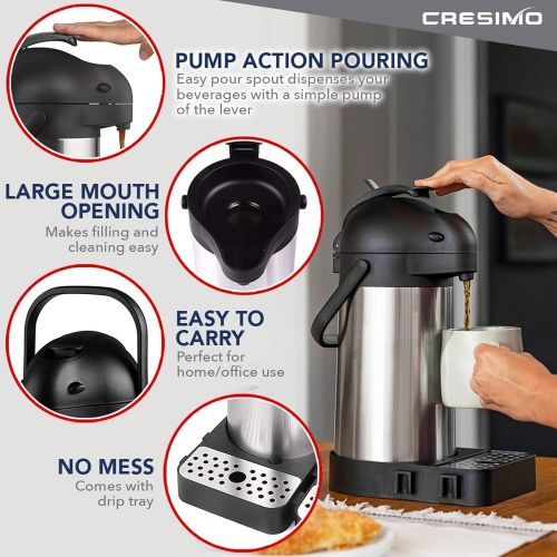  [아마존베스트]Cresimo 74 Ounce (2.2 Liter) Airpot Thermal Coffee Carafe/Lever Action/Stainless Steel Insulated Thermos / 12 Hour Heat Retention / 24 Hour Cold Retention (Airpot with Drip Tray)