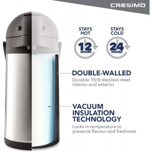  [아마존베스트]Cresimo 74 Ounce (2.2 Liter) Airpot Thermal Coffee Carafe/Lever Action/Stainless Steel Insulated Thermos / 12 Hour Heat Retention / 24 Hour Cold Retention (Airpot with Drip Tray)