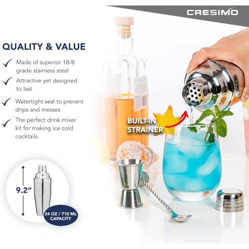  [아마존베스트]Cresimo 24 Ounce Cocktail Shaker Bar Set with Accessories - Martini Kit with Measuring Jigger and Mixing Spoon plus Drink Recipes Booklet - Professional Stainless Steel Bar Tools -