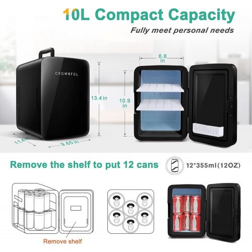  [아마존베스트]Crownful Mini Fridge, 10 Liter/12 Can Portable Cooler and Warmer Personal Fridge for Skin Care, Food, Medications, Great for Bedroom, Office, Dorm, Car, ETL Listed (Black)