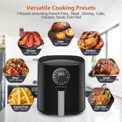  CROWNFUL 5 Quart Air Fryer, Electric Hot Oven Oilless Cooker，LCD Digital Touch Screen with 7 Cooking Presets and 53 Recipes, Nonstick Basket，1500W ETL Listed (Black)