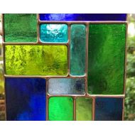 Stained Glass Suncatcher Panel, Blue & Green Coloured Copper Abstract Art - CRhodesGlassArt