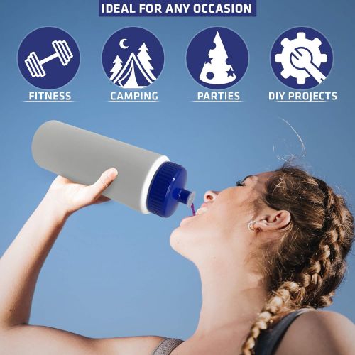  CSBD 32oz Sports Water Bottles, Reusable No BPA Plastic, Pull Top Leakproof Drink Spout, Blank DIY Customization for Business Branding, Fundraises, or Fitness (White Bottle - Blue