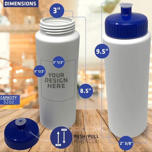  CSBD 32oz Sports Water Bottles, Reusable No BPA Plastic, Pull Top Leakproof Drink Spout, Blank DIY Customization for Business Branding, Fundraises, or Fitness (White Bottle - Blue