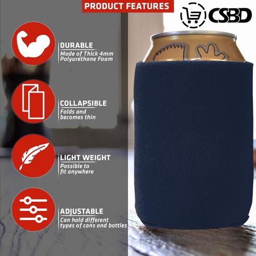  CSBD Beer Can Coolers Sleeves, Soft Insulated Reusable Drink Caddies for Water Bottles or Soda, Collapsible Blank DIY Customizable for Parties, Events or Weddings, Bulk (25, Navy B