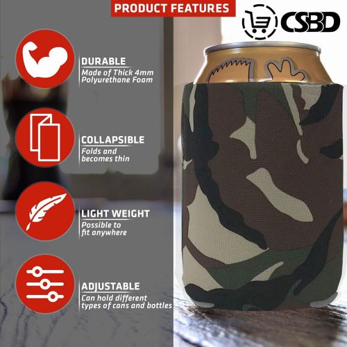  CSBD Beer Can Coolers Sleeves, Soft Insulated Reusable Drink Caddies for Water Bottles or Soda, Collapsible Blank DIY Customizable for Parties, Events or Weddings, Bulk (12, Camo)