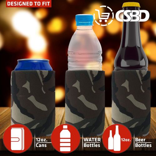  CSBD Beer Can Coolers Sleeves, Soft Insulated Reusable Drink Caddies for Water Bottles or Soda, Collapsible Blank DIY Customizable for Parties, Events or Weddings, Bulk (12, Camo)