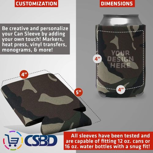  CSBD Beer Can Coolers Sleeves, Soft Insulated Reusable Drink Caddies for Water Bottles or Soda, Collapsible Blank DIY Customizable for Parties, Events or Weddings, Bulk (12, Camo)