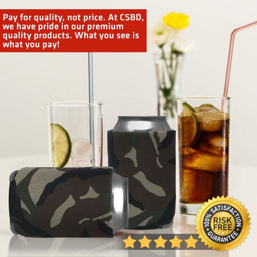  CSBD Beer Can Coolers Sleeves, Soft Insulated Reusable Drink Caddies for Water Bottles or Soda, Collapsible Blank DIY Customizable for Parties, Events or Weddings, Bulk (12, Camo)