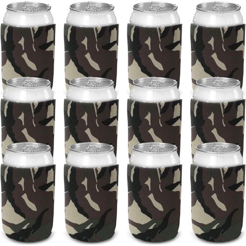  CSBD Beer Can Coolers Sleeves, Soft Insulated Reusable Drink Caddies for Water Bottles or Soda, Collapsible Blank DIY Customizable for Parties, Events or Weddings, Bulk (12, Camo)