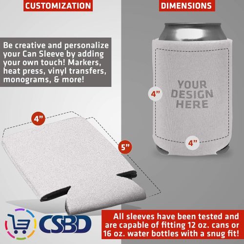  CSBD Beer Can Coolers Sleeves, Soft Insulated Reusable Drink Caddies for Water Bottles or Soda, Collapsible Blank DIY Customizable for Parties, Events or Weddings, Bulk (25, White)