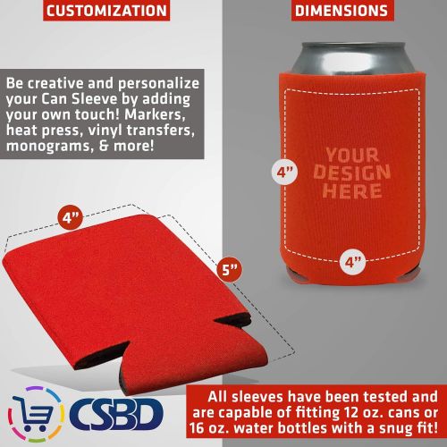  CSBD Beer Can Coolers Sleeves, Soft Insulated Reusable Drink Caddies for Water Bottles or Soda, Collapsible Blank DIY Customizable for Parties, Events or Weddings, Bulk (12, Orange