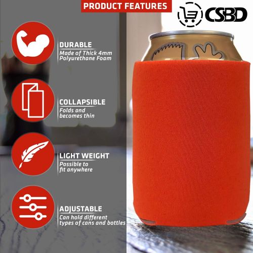 CSBD Beer Can Coolers Sleeves, Soft Insulated Reusable Drink Caddies for Water Bottles or Soda, Collapsible Blank DIY Customizable for Parties, Events or Weddings, Bulk (12, Orange