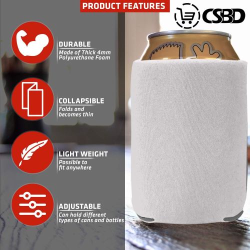  CSBD Beer Can Coolers Sleeves, Soft Insulated Reusable Drink Caddies for Water Bottles or Soda, Collapsible Blank DIY Customizable for Parties, Events or Weddings, Bulk 50 Pack (Wh