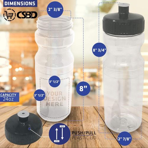  CSBD Clear 24 Oz Sports Water Bottles, 10 Pack, Blank for Customized Branding, No BPA Food Grade Plastic for Fitness, Hiking, Cycling, or Gym Workouts, Made in USA