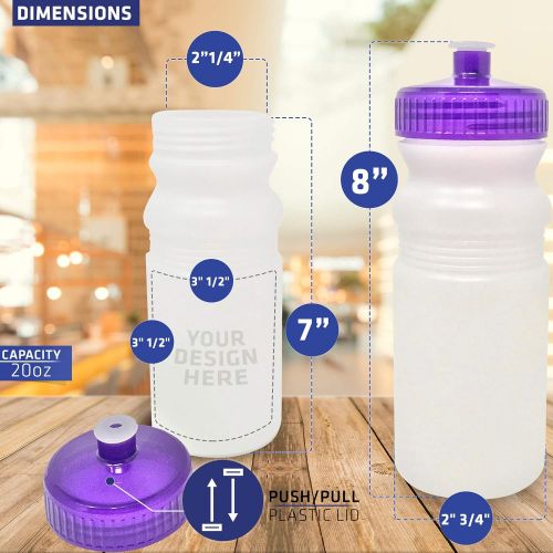  CSBD 20 oz Sports Water Bottles, 6 Pack, Reusable No BPA Plastic, Pull Top Leakproof Drink Spout, Blank DIY Customization for Business Branding, Fundraises, or Fitness