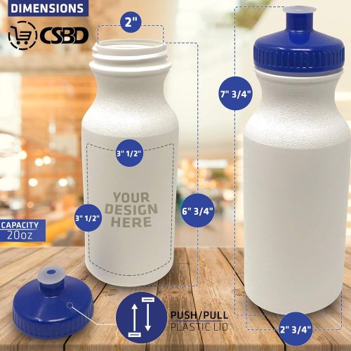  CSBD 20oz Sports Water Bottles, 10 Pack, Reusable No BPA Plastic, Pull Top Leakproof Drink Spout, Blank DIY Customization for Business Branding, Fundraises, or Fitness White Bottle