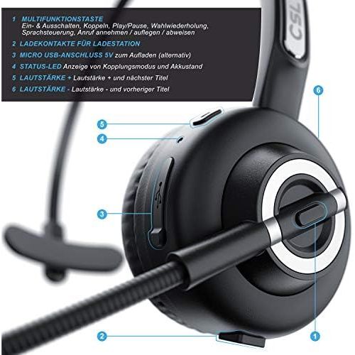  [아마존베스트]CSL-Computer CSL - Wireless Headset with Charging Station - Mono Bluetooth Headset with Microphone - USB Charging Port - Multipoint - Noise Reduction - Lightweight - Hands-free Calling - PC Tab