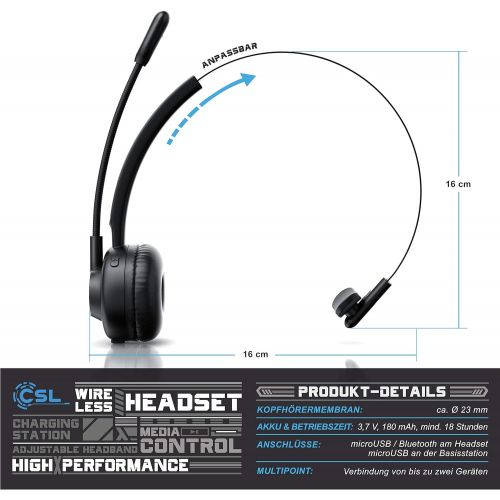  [아마존베스트]CSL-Computer CSL - Wireless Headset with Charging Station - Mono Bluetooth Headset with Microphone - USB Charging Port - Multipoint - Noise Reduction - Lightweight - Hands-free Calling - PC Tab