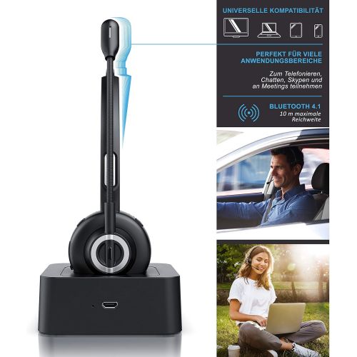  [아마존베스트]CSL-Computer CSL - Wireless Headset with Charging Station - Mono Bluetooth Headset with Microphone - USB Charging Port - Multipoint - Noise Reduction - Lightweight - Hands-free Calling - PC Tab