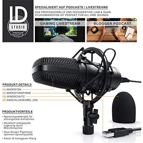  [아마존베스트]CSL-Computer CSL - USB Condenser Microphone with Table Tripod and Pop Protection - Studio Microphone - Microphone Podcast Set - Cardioid Pattern - Microphone for Gaming Livestream Youtube Video