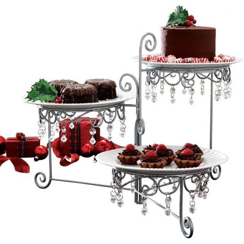  CT DISCOUNT STORE 3 Tier Elegant Clear Beaded Swivel Silver Triple Dessert Cake Stand Wedding Party Server, 12 3/4 Inches Length by 7 3/4 Inches Width by 15 Inches Height CTD Store