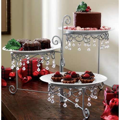  CT DISCOUNT STORE 3 Tier Elegant Clear Beaded Swivel Silver Triple Dessert Cake Stand Wedding Party Server, 12 3/4 Inches Length by 7 3/4 Inches Width by 15 Inches Height CTD Store