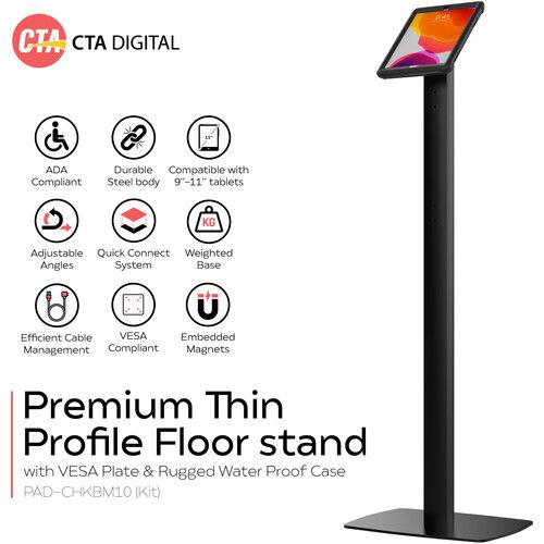  CTA Digital Thin Profile Floor Stand with Removable Magnetic Protective Case for Select iPads (Black)