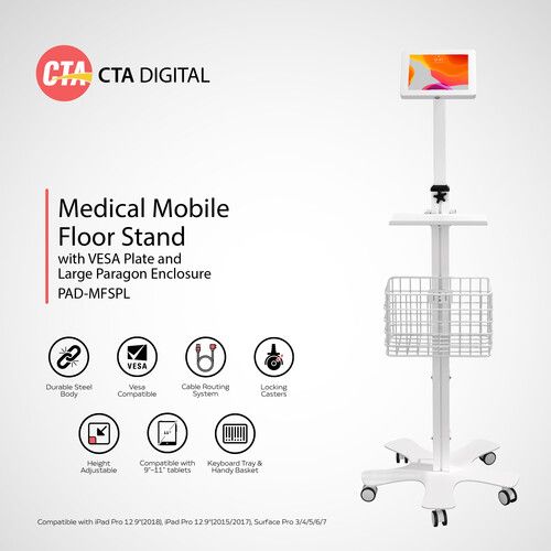  CTA Digital Medical Mobile Floor Stand with Large Paragon Enclosure for Tablets (White)