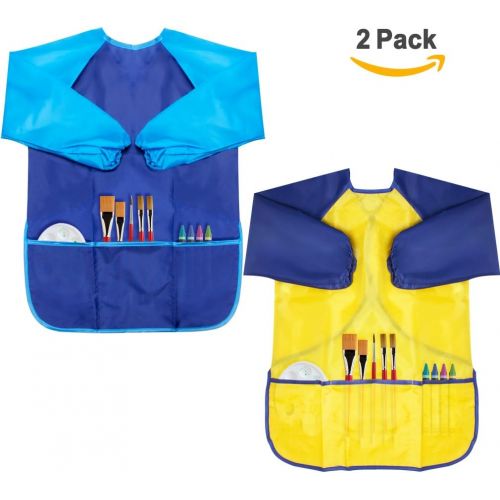  [아마존베스트]Cubaco 2 Pack Kids Art Smocks Children Waterproof Artist Painting Aprons with Long Sleeve and 3 Pockets for Age 3-8 Years