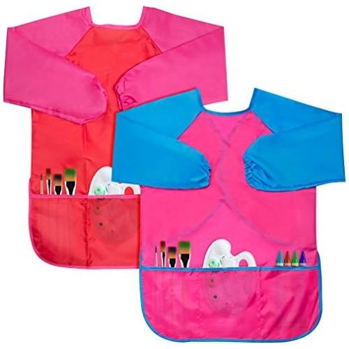  [아마존베스트]Cubaco 2 Pack Kids Art Smocks Children Waterproof Artist Painting Aprons with Long Sleeve and 3 Pockets for Age 3-8 Years