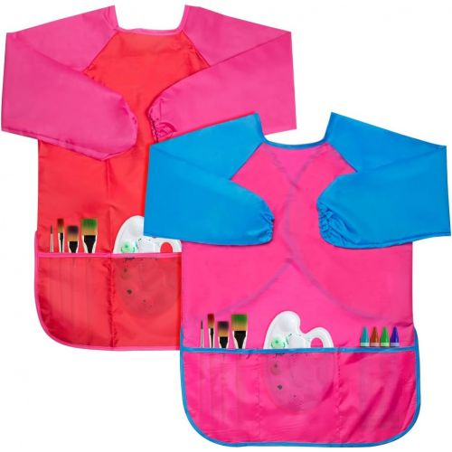  [아마존베스트]Cubaco 2 Pack Kids Art Smocks Children Waterproof Artist Painting Aprons with Long Sleeve and 3 Pockets for Age 3-8 Years