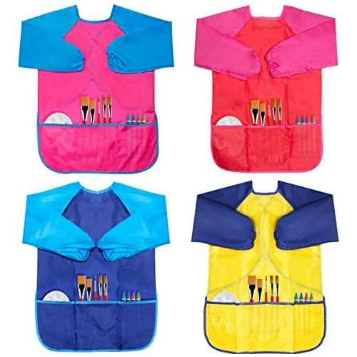  [아마존베스트]Cubaco 4 Pack Kids Art Smocks Children Waterproof Artist Painting Aprons with Long Sleeve and 3 Pockets for Age 3-8 Years