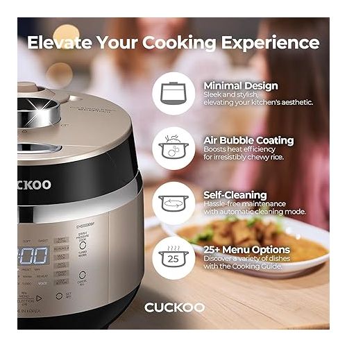  CUCKOO CRP-EHSS0309FG | 3-Cup (Uncooked) Induction Heating Pressure Rice Cooker | 15 Menu Options, Auto-Clean, Voice Guide, Made in Korea | Gold