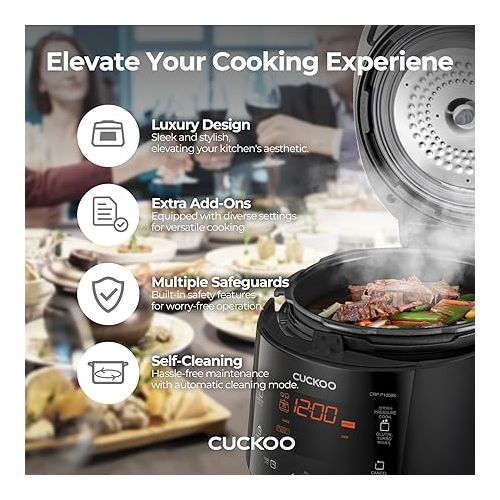  CUCKOO CRP-P0609S | 6-Cup (Uncooked) Pressure Rice Cooker | 12 Menu Options: Quinoa, Nu Rung Ji, GABA/Brown Rice & More, Made in Korea | Black/Copper