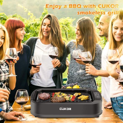  CUKOR Indoor Smokeless Grill,1500W Power Electric Grill with Tempered Glass Lid, Compact & Portable Non-stick BBQ Grill with Turbo Smoke Extractor Technology, LED Smart Control pan