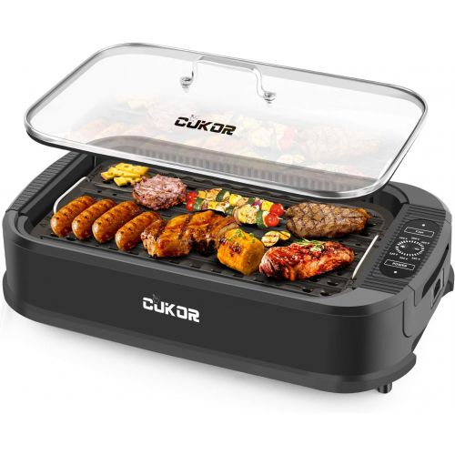  CUKOR Indoor Smokeless Grill,1500W Power Electric Grill with Tempered Glass Lid, Compact & Portable Non-stick BBQ Grill with Turbo Smoke Extractor Technology, LED Smart Control pan