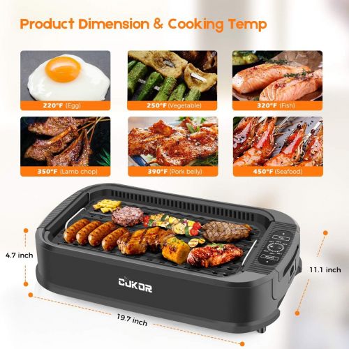  CUKOR Indoor Smokeless Grill,1500W Power Electric Grill with Tempered Glass Lid, Compact & Portable Non-stick BBQ Grill with Turbo Smoke Extractor Technology, LED Smart Control pan