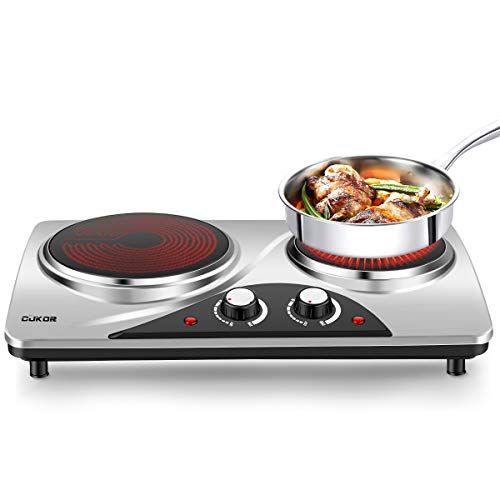  [아마존베스트]CUKOR Electric Hot Plate, 1800W Portable Electric Stove, Infrared Double Burner,Heat-up In Seconds,7.1 Inch Ceramic Glass Double Hot Plate Cooktop for Dorm Office Home Camp, Compat