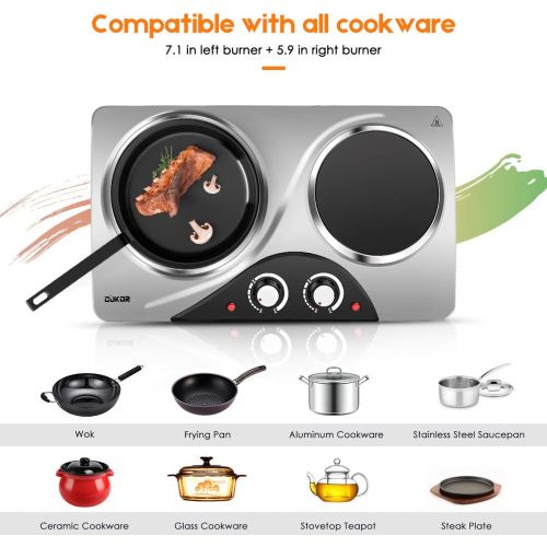  [아마존베스트]CUKOR Electric Hot Plate, 1800W Portable Electric Stove, Infrared Double Burner,Heat-up In Seconds,7.1 Inch Ceramic Glass Double Hot Plate Cooktop for Dorm Office Home Camp, Compat